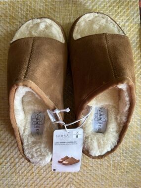 SERRA Chestnut Brown Genuine Leather Mules with Shearling Trim